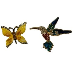 Lot Of 2 Brooches Giovanni Enamel Hummingbird Rhinestones Yellow Butterfly